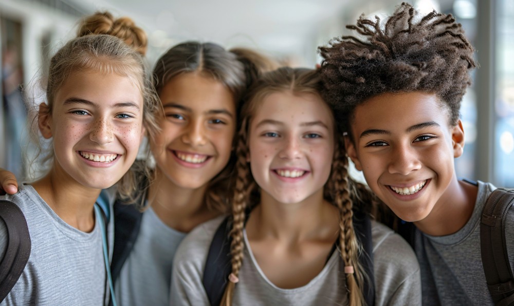 group middle school aged kids smiling